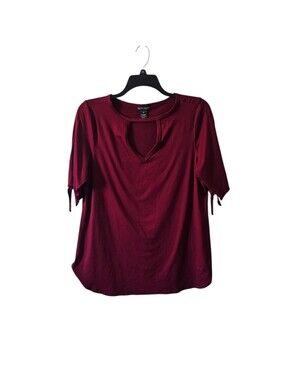Kristin Nicole Top 1X Burgundy Short Sleeve Keyhole Neck Plus Size Blouse Tie
